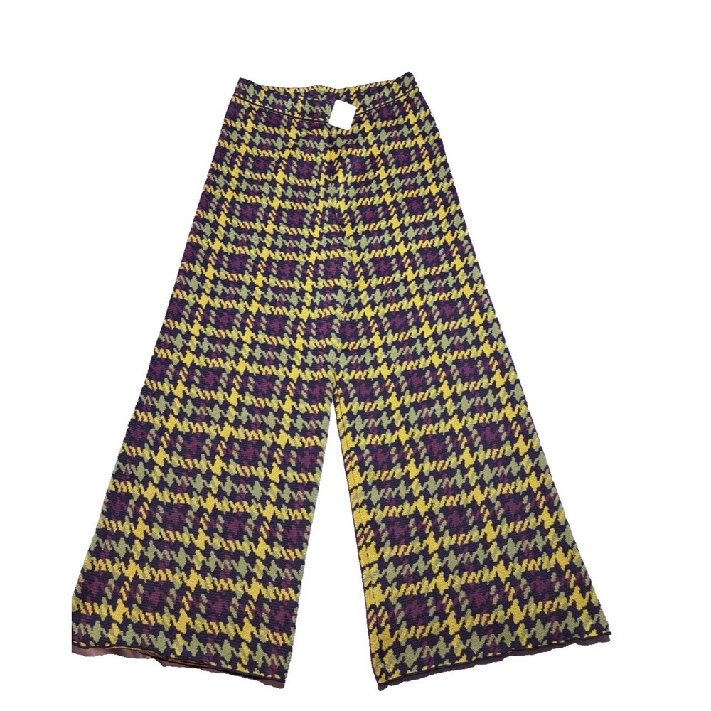 New Free People Houndstooth Knit Wide Leg Pants Multicolor High Waist Sz Medium